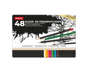 Kleur- en tekenpotloden met penseel in blik 48 stuks PREMIUM