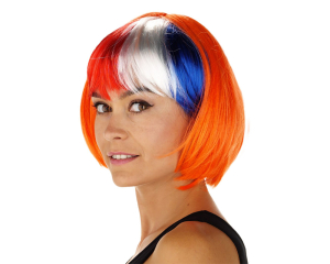 Pruik Bob + Pony Rood/wit/blauw Oranje