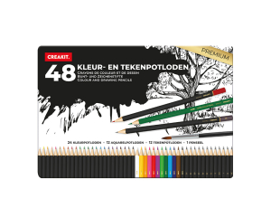 Kleur- en tekenpotloden met penseel in blik 48 stuks PREMIUM